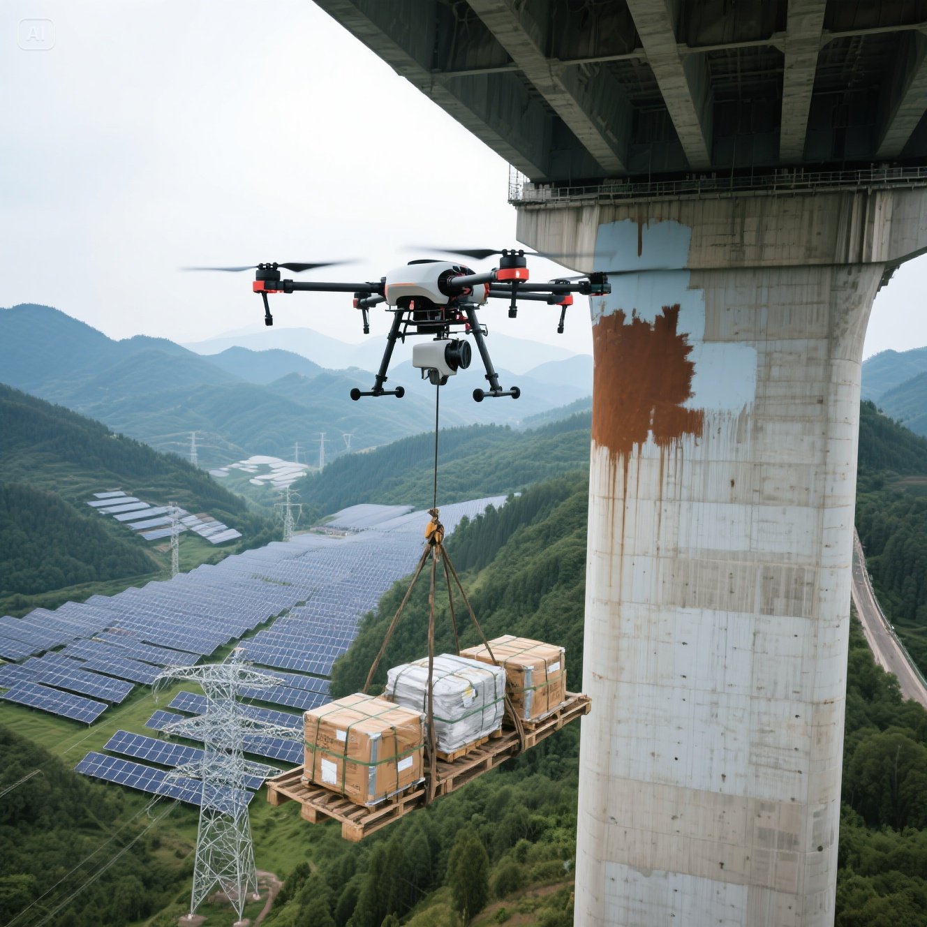 Drones for power infrastructure material distribution in mountainous areas Drones for high-altitude rust removal and painting of extra-large bridges Drones for mountainous areas light....jpeg